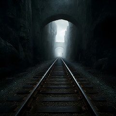 Fototapeta premium Image of the railway tracks that will lead the train out of the tunnel.