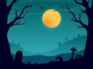  Graveyad full moon night background illustration design for halloween festival