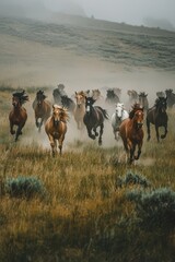 Wild Horses Galloping Through Grassy Fields