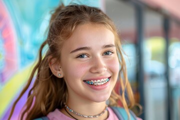 Close-up portrait of smiling teenage girl with braces standing outdoors.