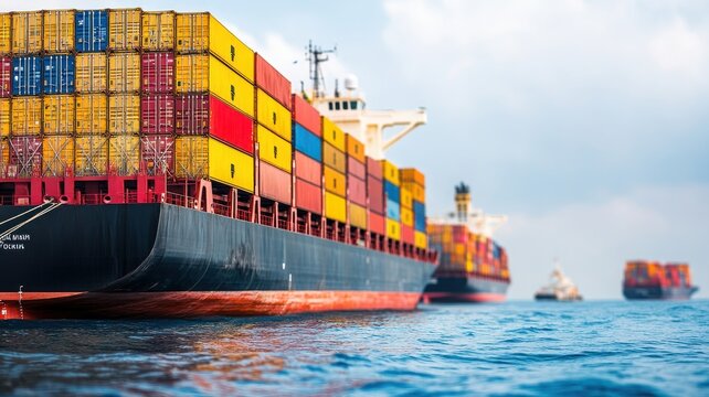 Colorful cargo containers stacked on a large container ship in a bustling port, symbolizing global trade and logistics.