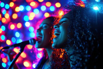 friends singing together around a karaoke machine, Two women singing joyfully under colorful lights, capturing the essence of music, performance, and celebration.