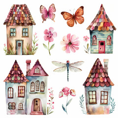 pattern with houses and trees, set of watercolor decal clipart. Isolated on white background
