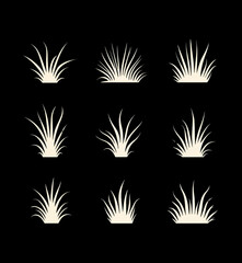 Set of Grass Silhouette Icons – Minimalist Grass Tuft Designs on Black Background