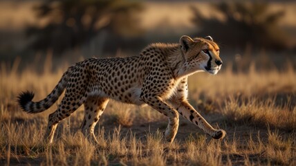 Fototapeta premium A cheetah runs through tall grass, backlit by the golden light of the setting sun, with its spots clearly visible.