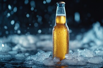 Chilled Beer Bottle with Bubbles in Dark Environment