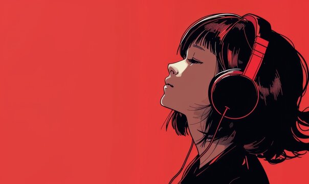 Happy girl in headphones listening music, painted anime style - Powered by Adobe