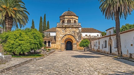 Obraz premium A stone building with a large arched entrance and a dome roof, surrounded by palm trees and other greenery.