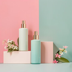 Two cosmetic spray bottles with flowers on dual tone backdrop