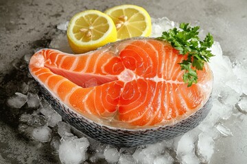 Fresh Raw Salmon Steak on Ice with Lemon Wedges