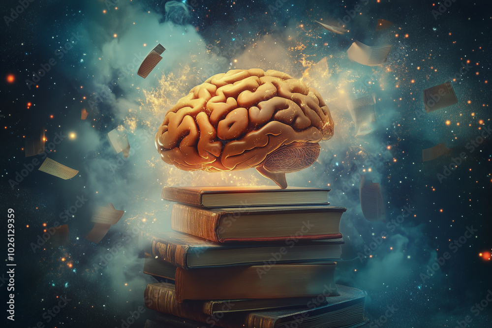 Aufkleber brain is floating in space above an open book. the brain is surrounded by a cloud of stars and the b