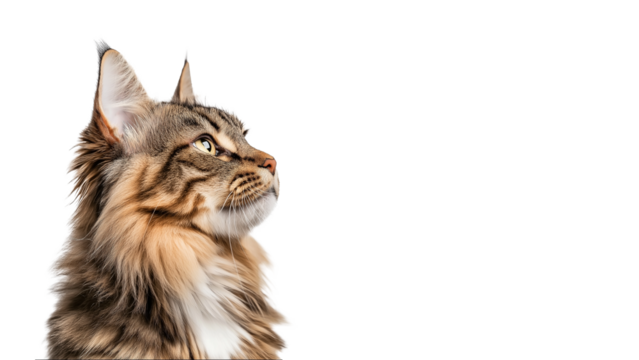 A detailed close-up portrait of a fluffy Maine Coon cat, isolated on transparent background, with copy space