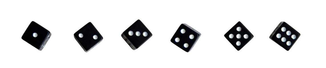 Dice isolated. Black and white dice. 6 dice with all numbers from 1 to 6. One to six dice.