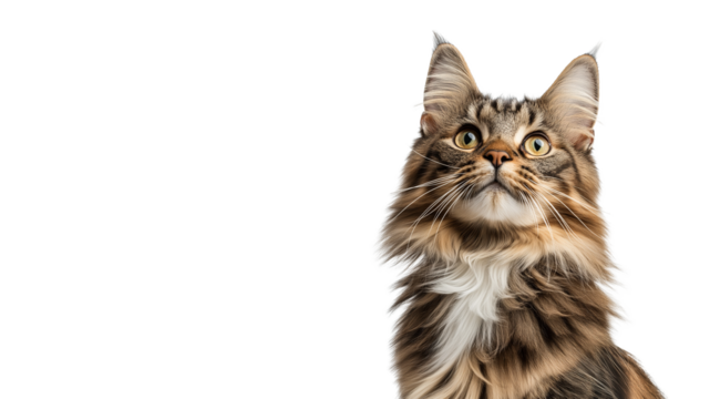 A detailed close-up portrait of a fluffy Maine Coon cat, isolated on transparent background, with copy space