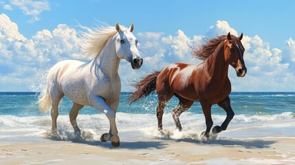 Obraz premium Two Horses Running on the Beach
