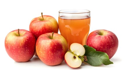 Fresh red apples and a glass of apple juice, showcasing the natural richness and vibrant colors of healthy produce.