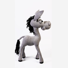 Amigurumi doll gray donkey stands background white isolated