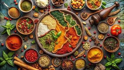 Fototapeta premium Rajasthan State Map Outline with Vibrant Food Photography Background for India Travel Inspiration