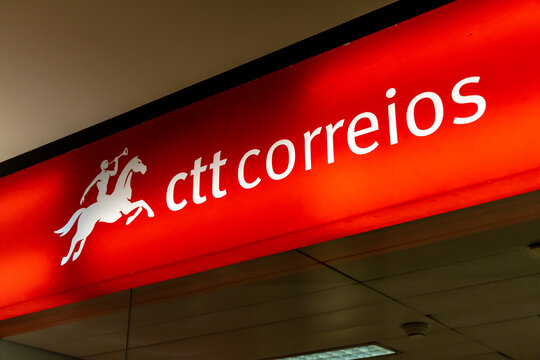 Correios de Portugal logo sign, or CTT, is a privately owned postal and logistics company based in Portugal after being bought from the Portuguese government in 2014. Lisbon, Portugal. 16 August 2023.