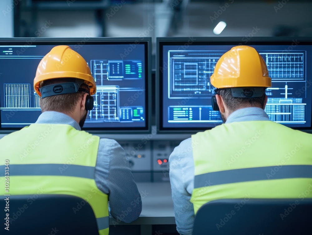 Wall mural two engineers in hard hats monitor data on multiple screens in a modern control room, ensuring safet