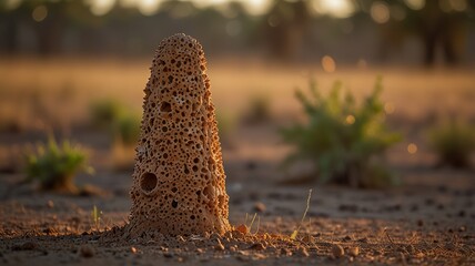 A close-up of a termite mound in a grassy field, the sun casting a warm glow on the structure.