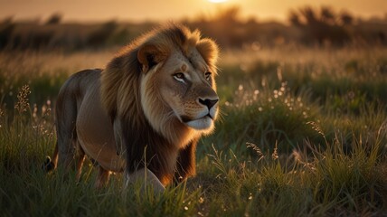 Obraz premium A majestic lion with a thick mane walks through tall grass at sunset. The sun is setting behind the lion, casting a golden glow on its fur.