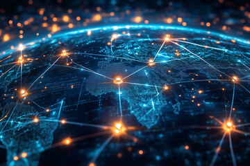 globe with a network of lines connecting it to other globes. The globe is lit up with a blue and orange glow