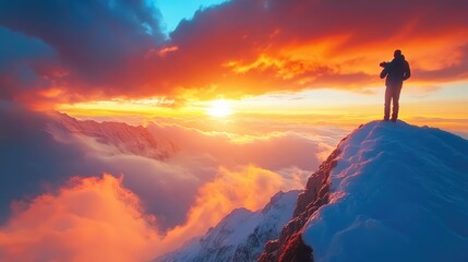 A man in heaven, photographing breathtaking landscapes filled with glowing clouds and radiant light