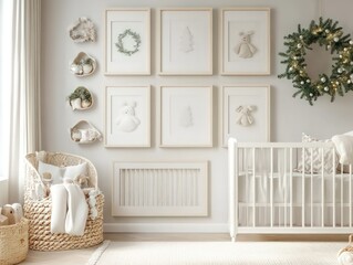 mockup, gallery wall of 6 identical portrait frames, nursery, Christmas decorations