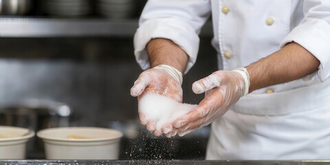 A chef in a restaurant kitchen carefully sanitizing their hands before preparing meals, [Worldwide Food Service Safety Month], [hygiene, kitchen safety], ,
