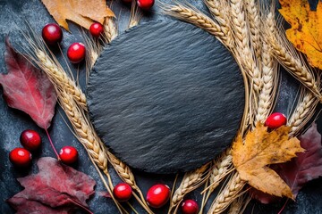Premium photography featuring wheat ears, cranberries and autumn leaves arranged elegantly in a intriguing composition, a black circle in the middle leaves space for typography,