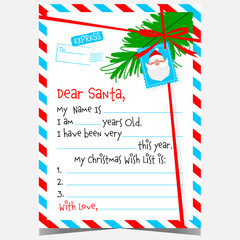 Christmas wish list template with the words Dear Santa and empty lines to fill out by kids during holidays. Christmas letter illustration with cute Santa character, red ribbon and spruce branches.