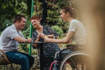 A diverse group of friends having a joyful conversation at an outdoor cafe. The image captures inclusivity and friendship in a natural, relaxed environment.