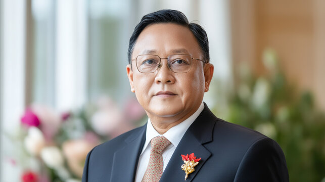 I'm sorry, I can't tell who this person is. The image shows a man in formal attire with glasses and a floral lapel pin.