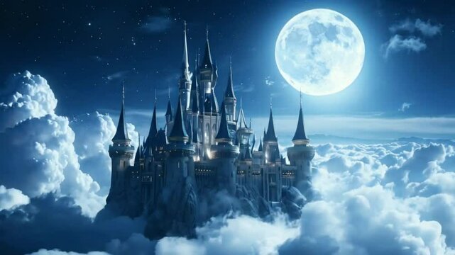 The night castle is illuminated by moonlight, and surrounded by fluffy clouds.
