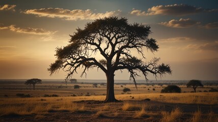 Obraz premium A lone tree stands tall against a backdrop of a beautiful sunset in the savanna.