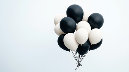 Cluster of black and white balloons against a light background, held together with strings and tied at the bottom.