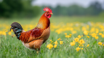 Fototapeta premium A vibrant rooster stands proudly in a field of yellow flowers, creating a picturesque rural scene under a soft, cloudy sky.