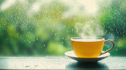 cup of steaming herbal tea on a windowsill with raindrops on the glass, soft natural light, minimalist composition, , suitable for wellness blogs and relaxation themes.