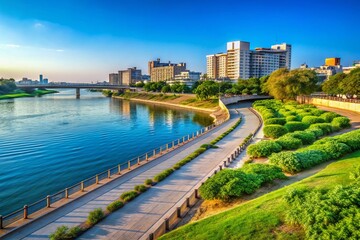 Naklejka premium Scenic View of Ahmedabad Sabarmati Riverfront with Lush Greenery and Urban Landscape