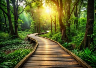 Obraz premium Scenic Wooden Path through Lush Green Forest - Nature Photography