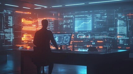 AI assistant producing holographic business reports, charts, and solutions glowing on virtual screens. 