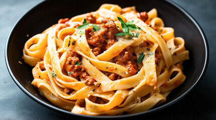 Close-up of tagliatelle pasta with rich tomato meat sauce garnished with fresh herbs served in a dark bowl on a textured surface.