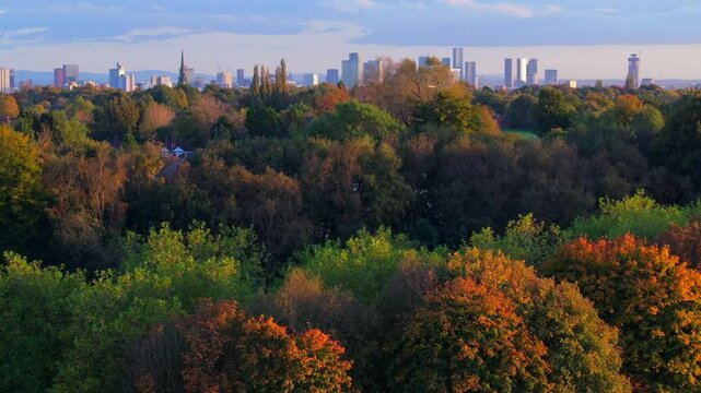 Manchester city skyline and surrounding residential areas from the vantage point of Heaton Park.