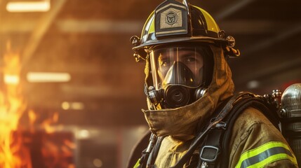 Fototapeta premium Firefighter in gear, fire station background, soft lighting, clean layout