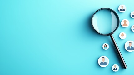 A magnifying glass sits on a blue background with small icons of people scattered around it.