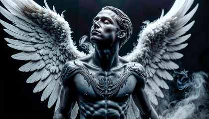 Portrait of a beautiful attractive black fallen angel on a dark background