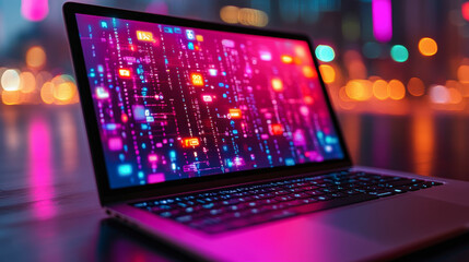 Obraz premium A laptop displays colorful, abstract digital code with a blurred, vibrant cityscape in the background, illustrating a blend of technology and urban life.