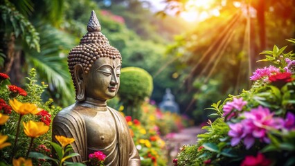 Obraz premium Serene Buddha Statue in Thailand Surrounded by Lush Nature and Vibrant Colors