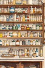 Vintage Apothecary Shelf with Assorted Bottles and Jars